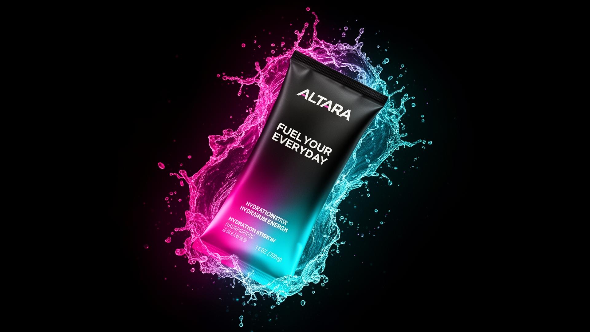 Altara hydration stick splashing with neon pink and cyan water